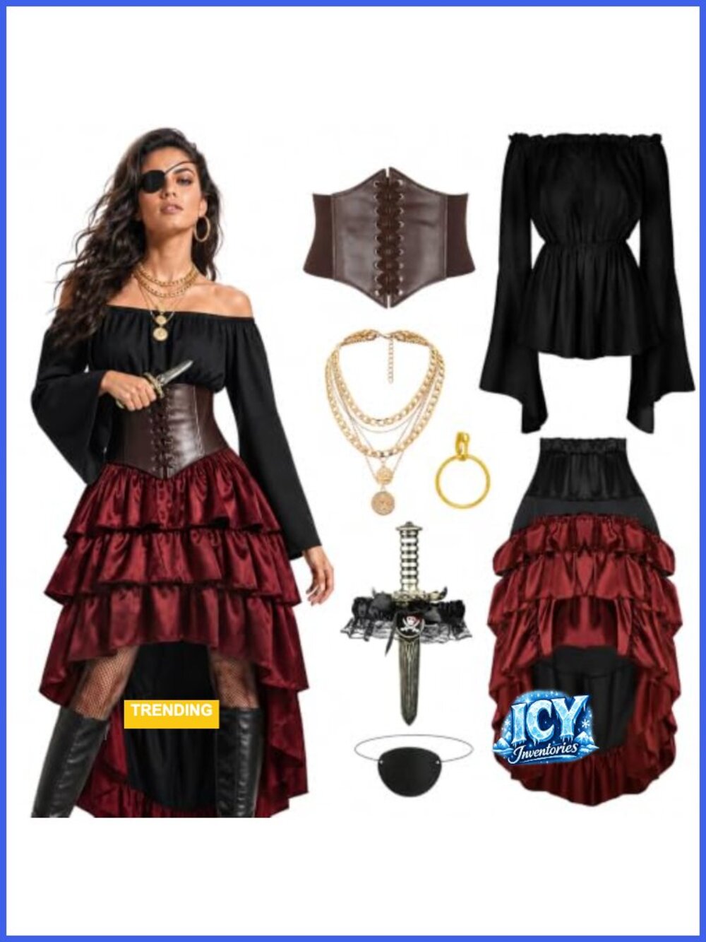 Women's Pirate Costume Renaissance Corset Steampunk Skirt Top Halloween Outfit